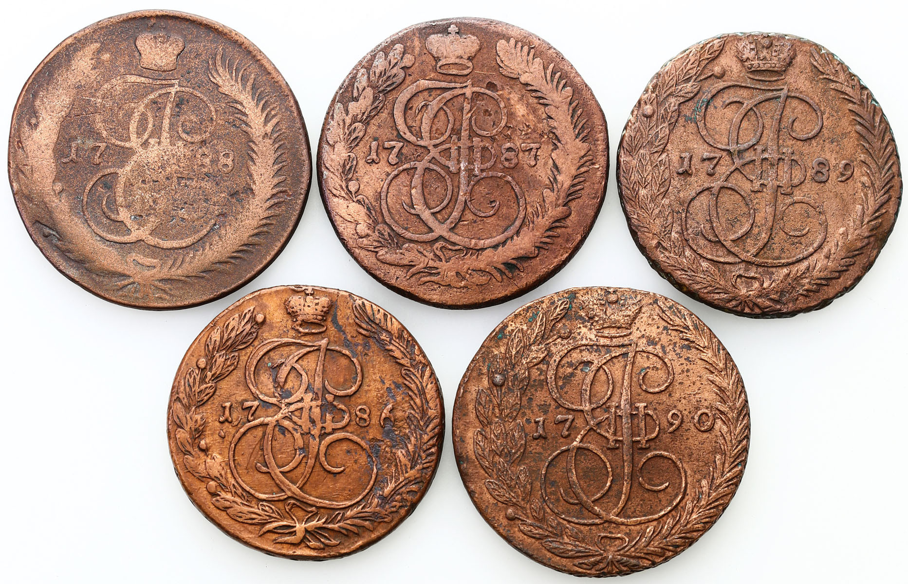 Rosja. Katarzyna II. 5 kopiejek 1786-1790, zestaw 5 monet
